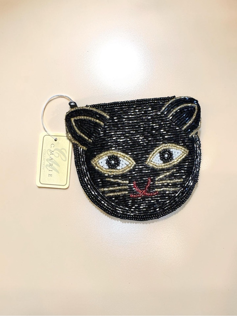 Beaded Black Cat Coin Purse ,cosmetic bag black Gold & Red Accents hand beaded